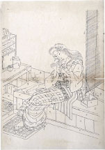  Utagawa School Preparatory Drawing of a Woman Assembling a Doll While Seated at a Tea Stall 