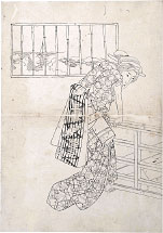  Utagawa School Preparatory Drawing of a Beauty Leaning Over a Staircase Railing Next to a Window