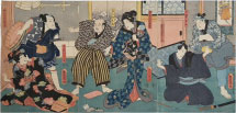 Utagawa Kunisada (Toyokuni III) Actors Ichikawa Danjuro VIII as Natsume Shirosaburo, Nakamura Kantaro I, Bando Shuka I as Omatsu, Nakayama Bungoro II as Yanushi Shikuro, Arashi Kichisaburo III as Kabu Isohei, and Fujikawa Kaju III