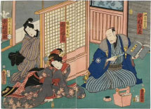 Utagawa Kunisada (Toyokuni III) Actors Nakamura Tsuruzo as Aburaya Genemon, the actor Ichikawa Fukutaro I as musume [maiden] Osome, and Nakamura Fukusuke as Detsuchi Hisamatsu