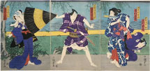 Utagawa Kunisada II Actors Sawamura Tossho II in an unread role, Ichimura Kakitsu IV as Subashiri Okuma, Bando Hikasaburo V as Manoya Tokubei, and Bando Mitsugoro VI in an unread role