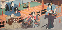 Utagawa Kunisada (Toyokuni III) Actors Ichikawa Danjuro VIII as Natsume Shirosaburo, Bando Shuka I as Omatsu, and Ichikawa Kuzo II in an unread role