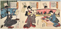 Utagawa Kunisada (Toyokuni III) no. 32, Ki no Tomonori, no. 33, Fujiwara no Okikaze, and no. 34, Ki no Tsurayuki