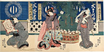Utagawa Kunisada (Toyokuni III) Ichikawa Ebizo V as Asahina Tobei; Iwai Shijaku I as Tajimaya Onatsu; and Sawamura Tossho I as Omatsuya Seijuro