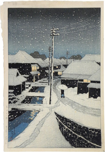 Kawase Hasui, Evening Snow at Terajima Village