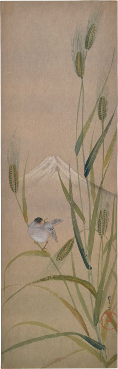 songbird on rice with Mt. Fuji
