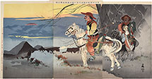 Taguchi Beisaku Bizarre-looking Manchurian Horsemen on an Expedition to Observe the Japanese Camp in the Distance Near Caohekou